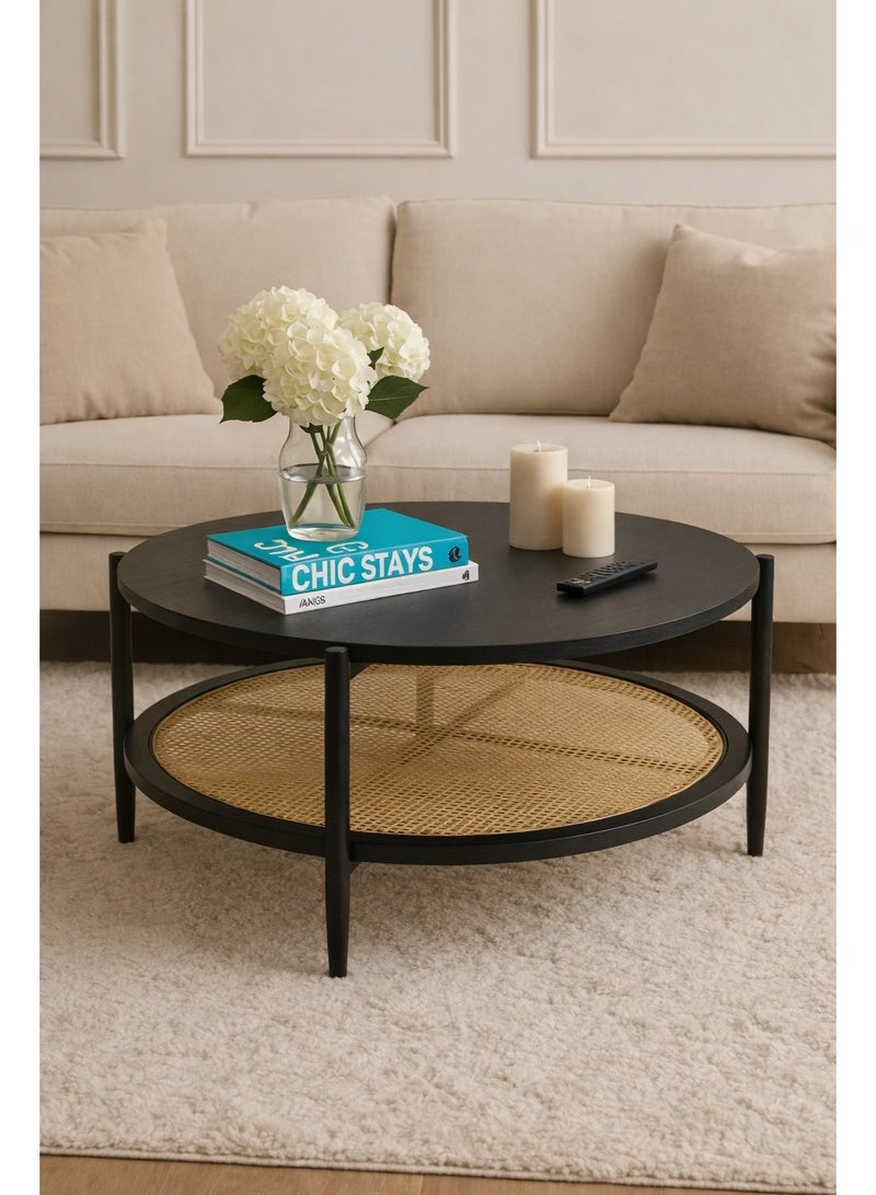 NZONE STORE Round black coffee table with rattan shelf – modern wooden center table for living room, 100x45 cm - Image 1